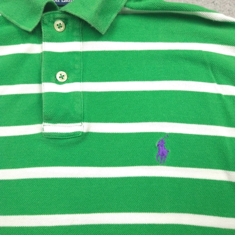 Polo Ralph Lauren Mens Medium Green White Striped Custom Fit Pony Polo Shirt